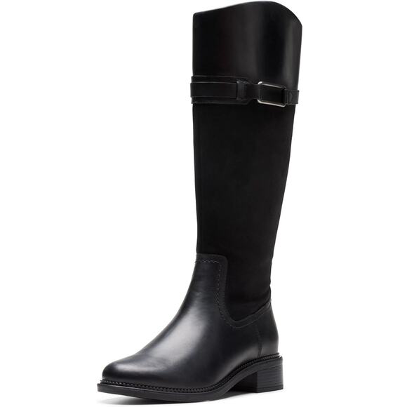 Clarks Women Maye Carly Knee High Riding Boots Size US 9M Black Leather/Suede - Picture 1 of 6
